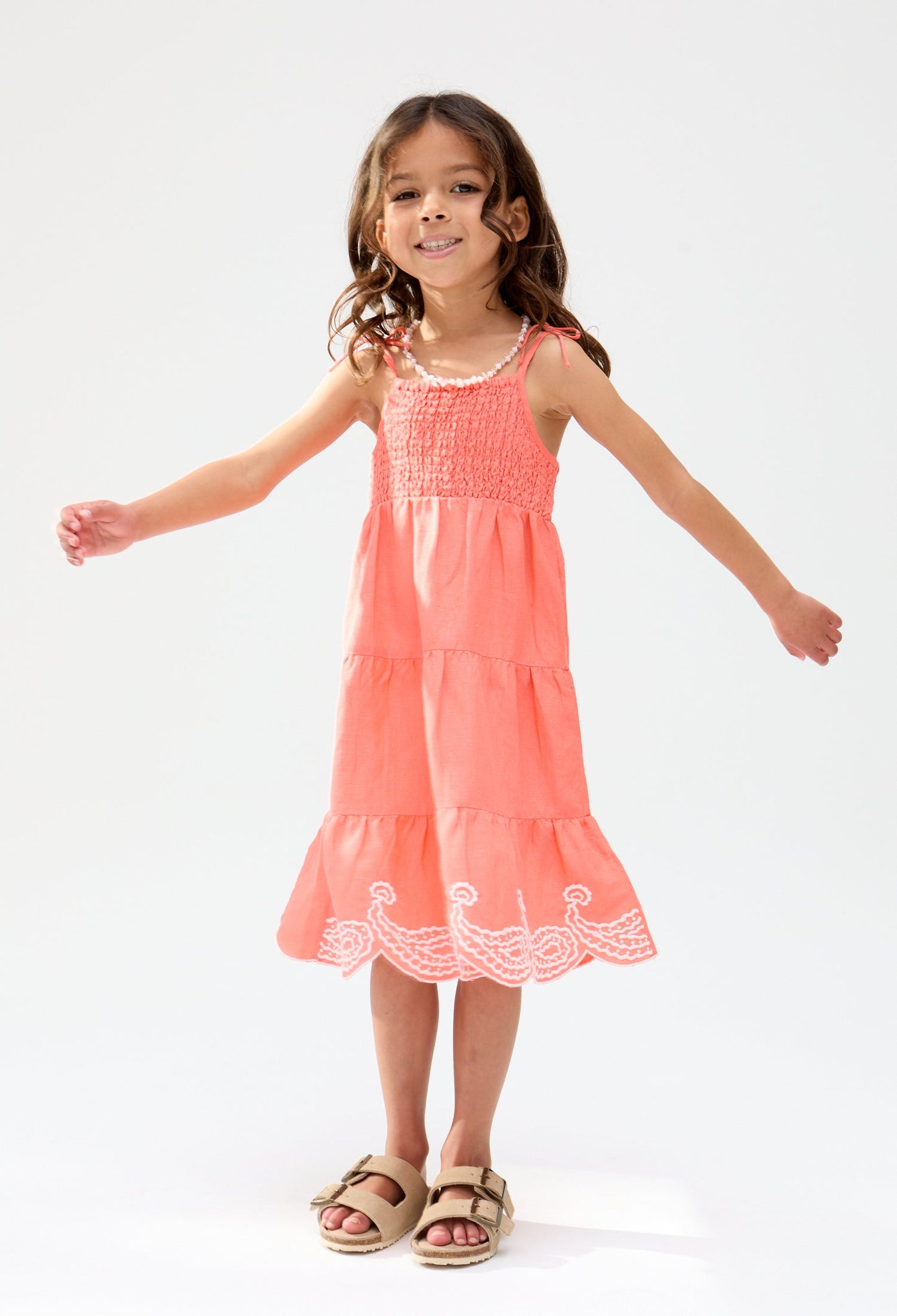 Kids Emma Shirred Bodice Scalloped Embroidered Dress In Pink - image 2