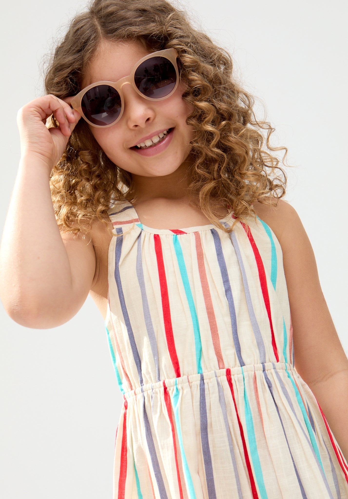Kids Kris Cross Back Stripe Print cotton Dress In cream - image 2