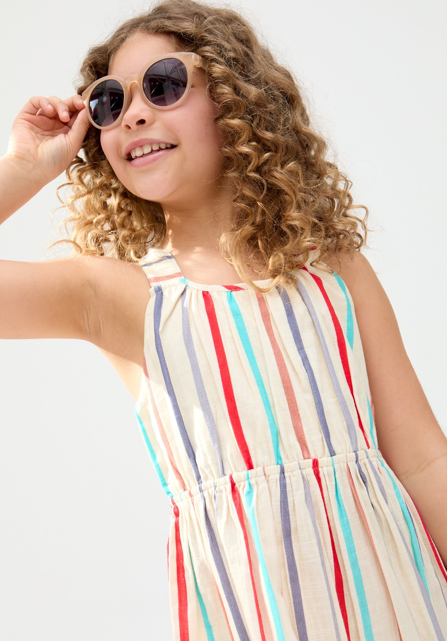 Kids Kris Cross Back Stripe Print cotton Dress In cream - image 4