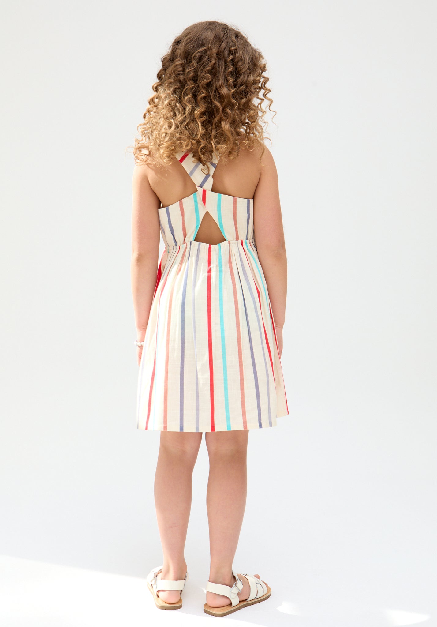 Kids Kris Cross Back Stripe Print cotton Dress In cream - image 5