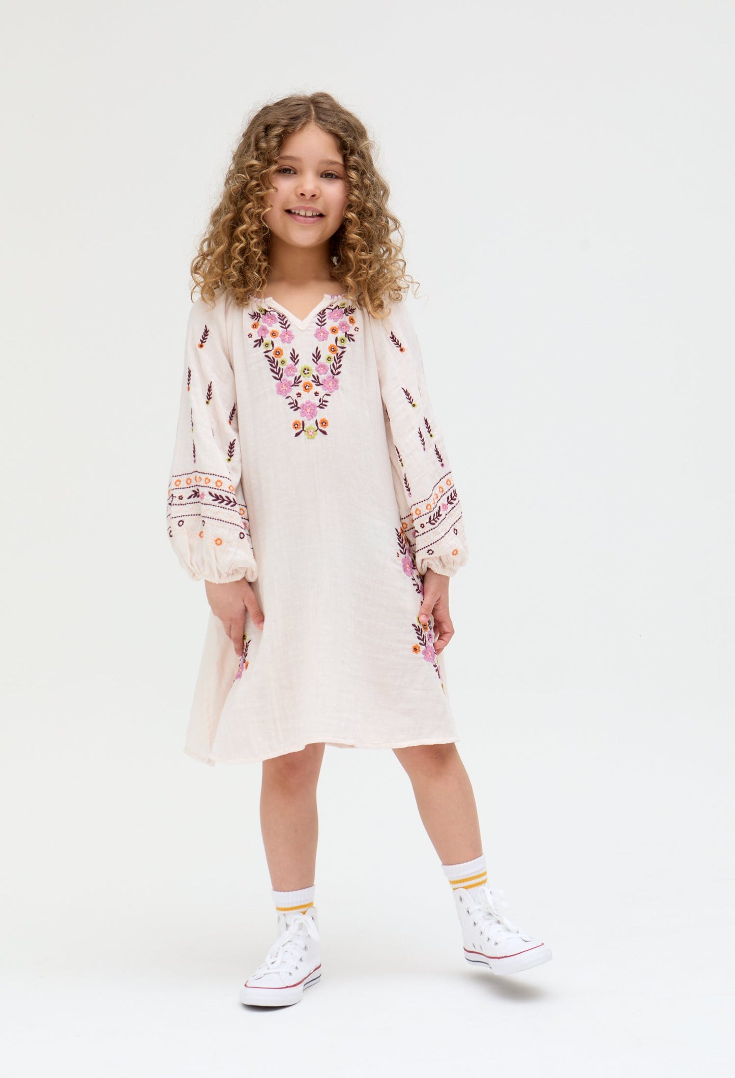 Kids Lavender cotton Full Sleeves Placement Embroidered Dress In Cream - image 2