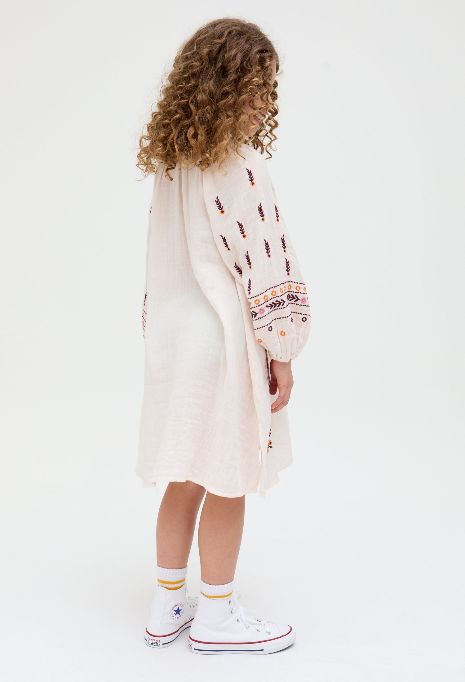 Kids Lavender cotton Full Sleeves Placement Embroidered Dress In Cream - image 5