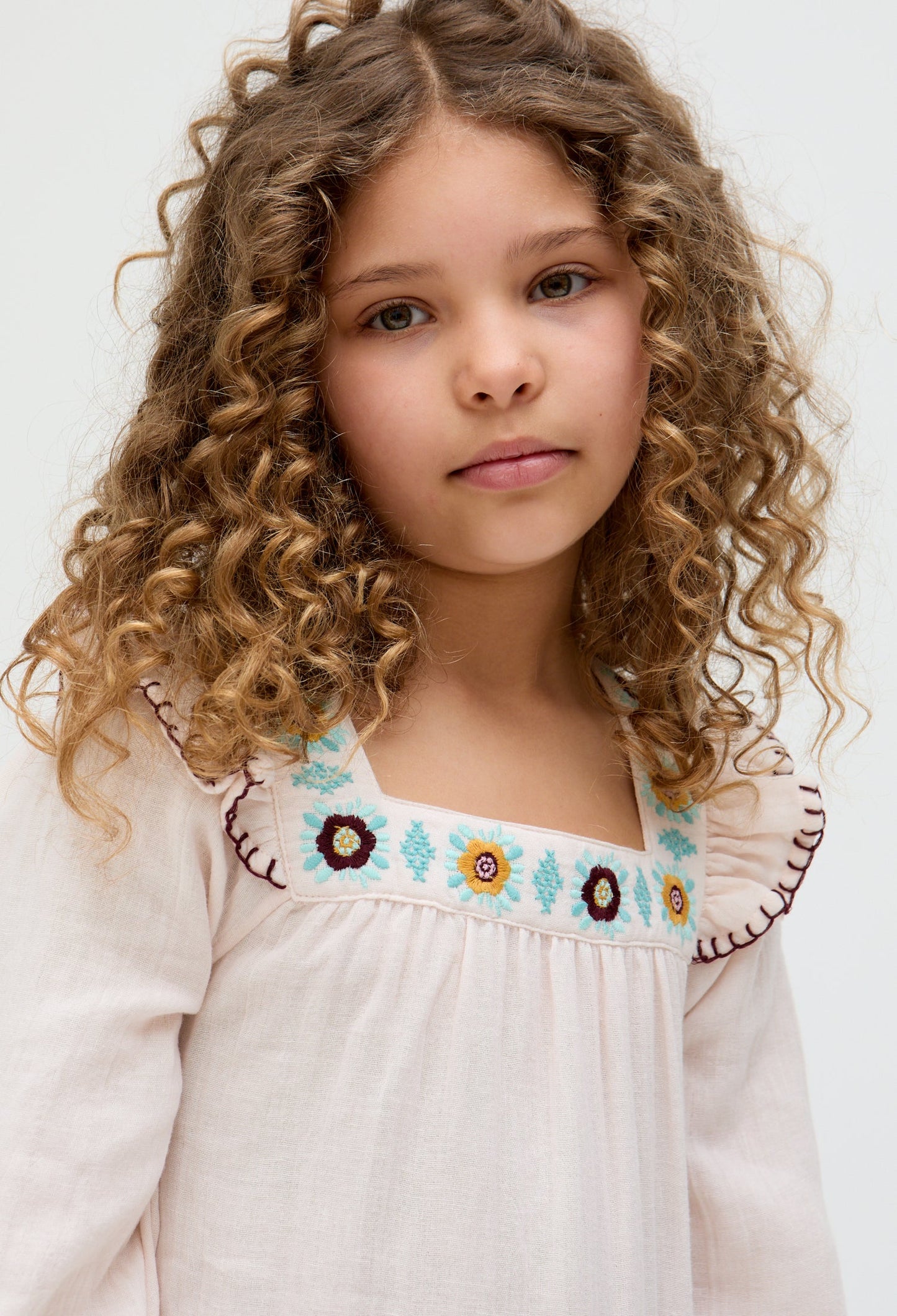 Kids Lisa Square Neck Embroidered Dress with front pockets In Cream - image 4