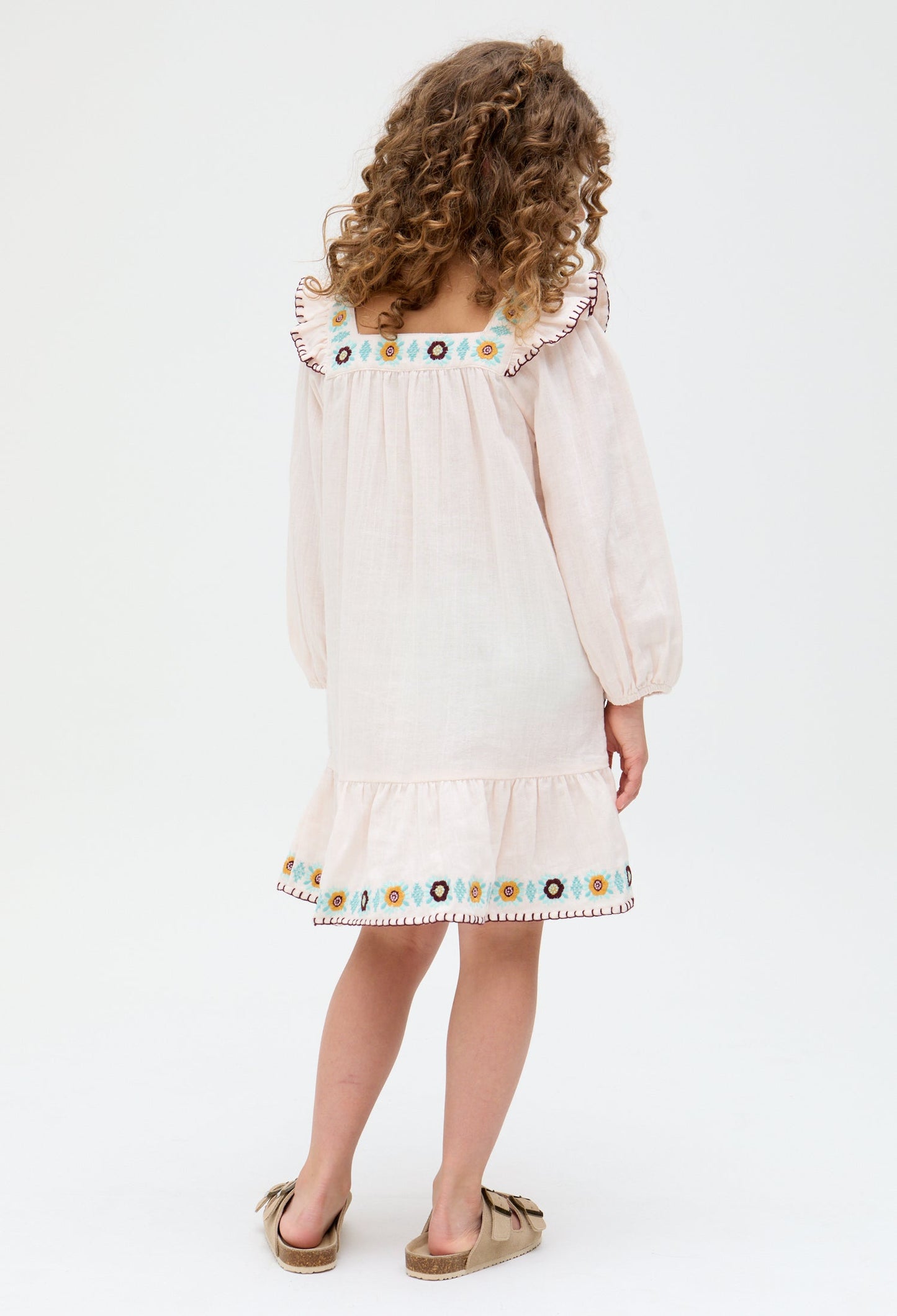 Kids Lisa Square Neck Embroidered Dress with front pockets In Cream - image 5