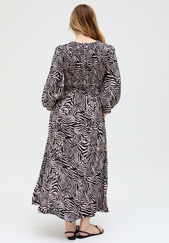 Paulina Shirred Bodice Zebra Print Maxi Dress In Black - image 5
