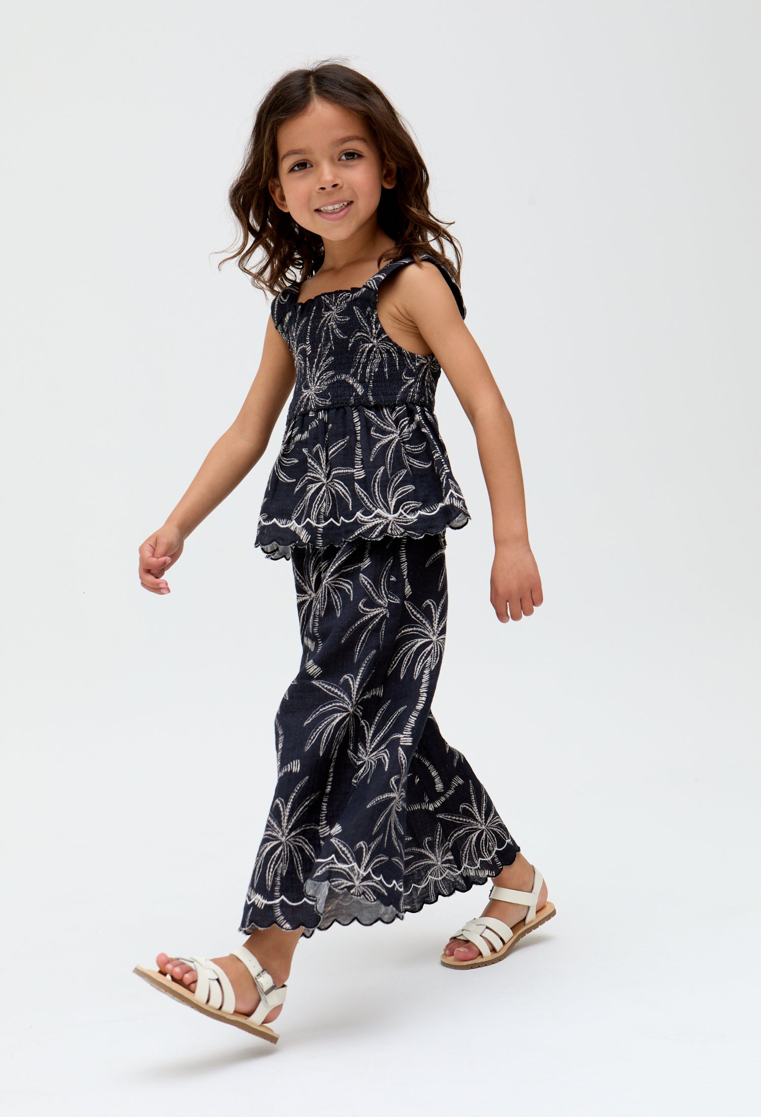 Kids Sia Shirred Floral Print Co-Ord top and trouser Set In Black - image 1