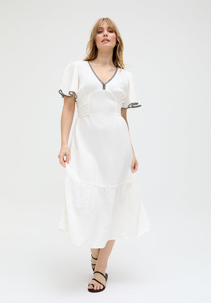 Delilah V-Neck Front Tie Midi Dress In White