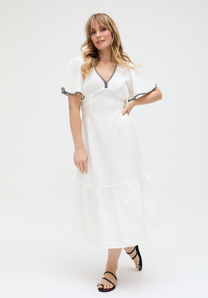 Delilah V-Neck Front Tie Midi Dress In White