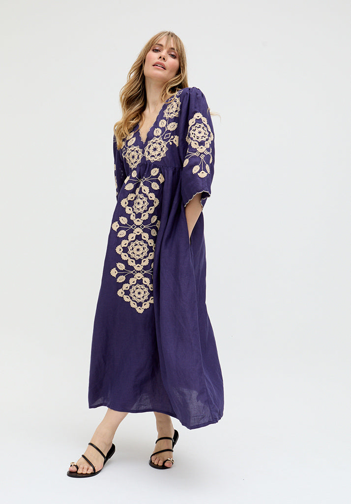 Arianna V- Neck Embroidered Maxi Dress In Blue