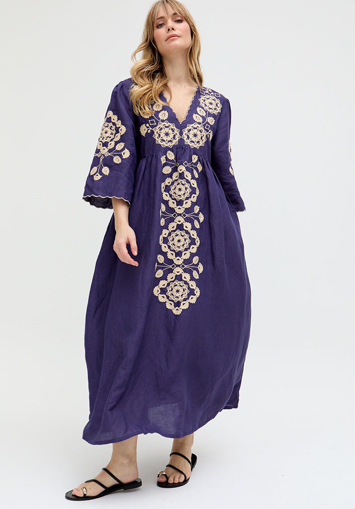 Arianna V- Neck Embroidered Maxi Dress In Blue