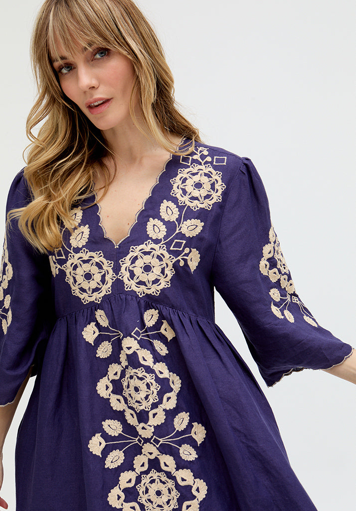 Arianna V- Neck Embroidered Maxi Dress In Blue