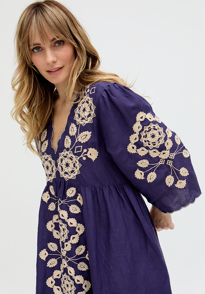 Arianna V- Neck Embroidered Maxi Dress In Blue