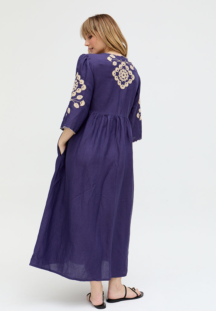 Arianna V- Neck Embroidered Maxi Dress In Blue