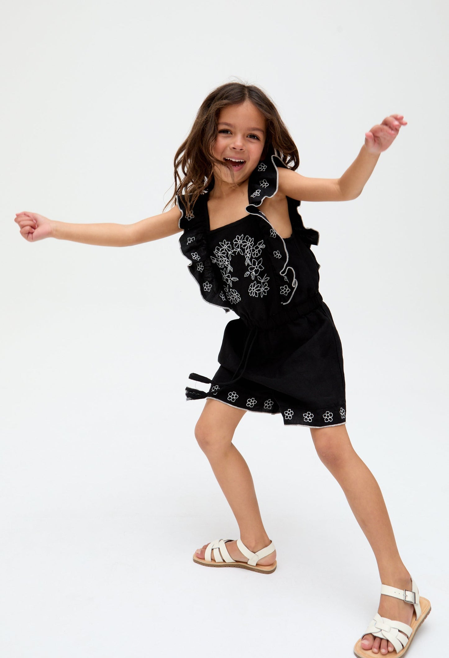 Kids Philo linen Ruffle Neck Embroidered Playsuit In Black - image 1
