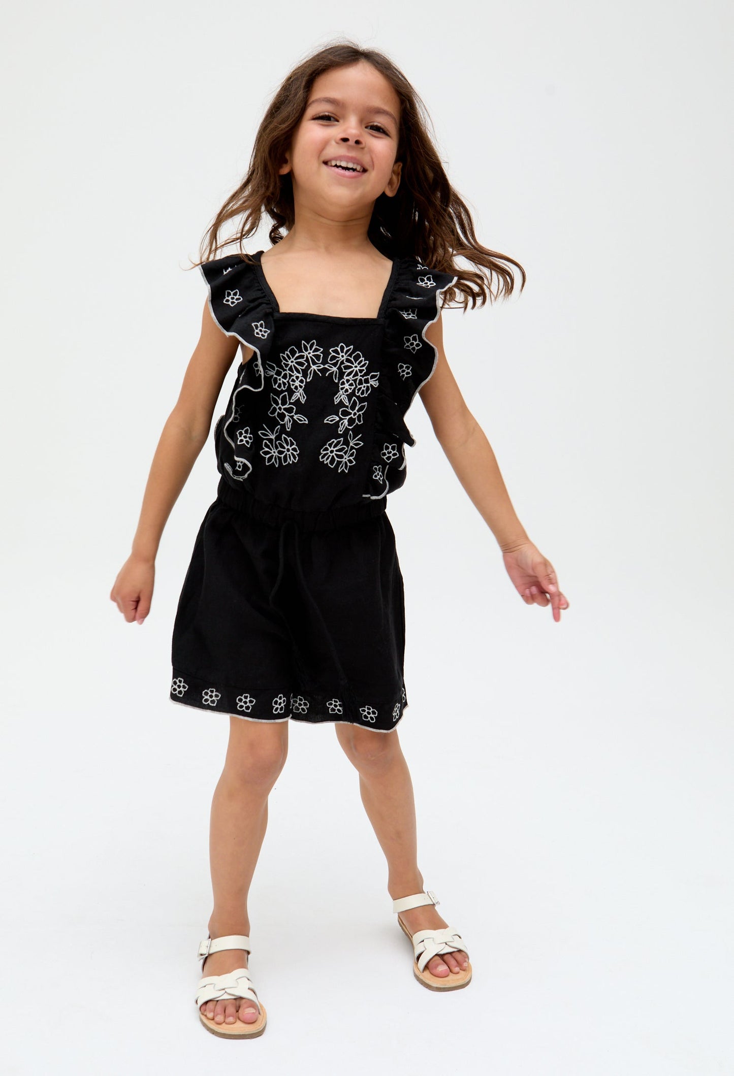 Kids Philo linen Ruffle Neck Embroidered Playsuit In Black - image