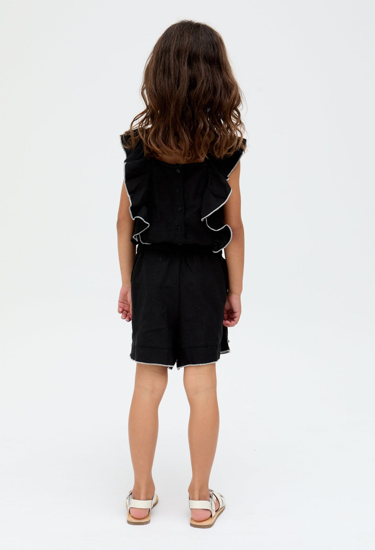 Kids Philo linen Ruffle Neck Embroidered Playsuit In Black - image 5