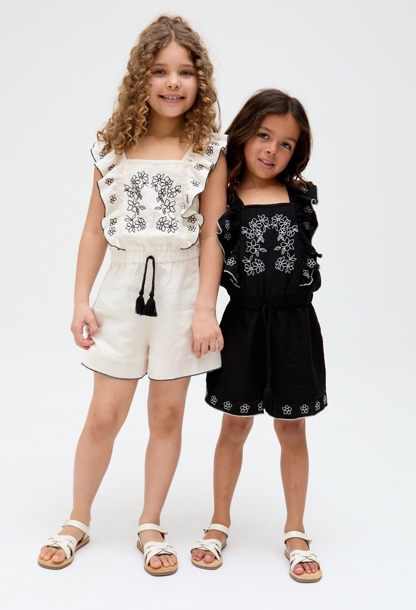 Kids Philo linen Ruffle Neck Embroidered Playsuit In white- image 1
