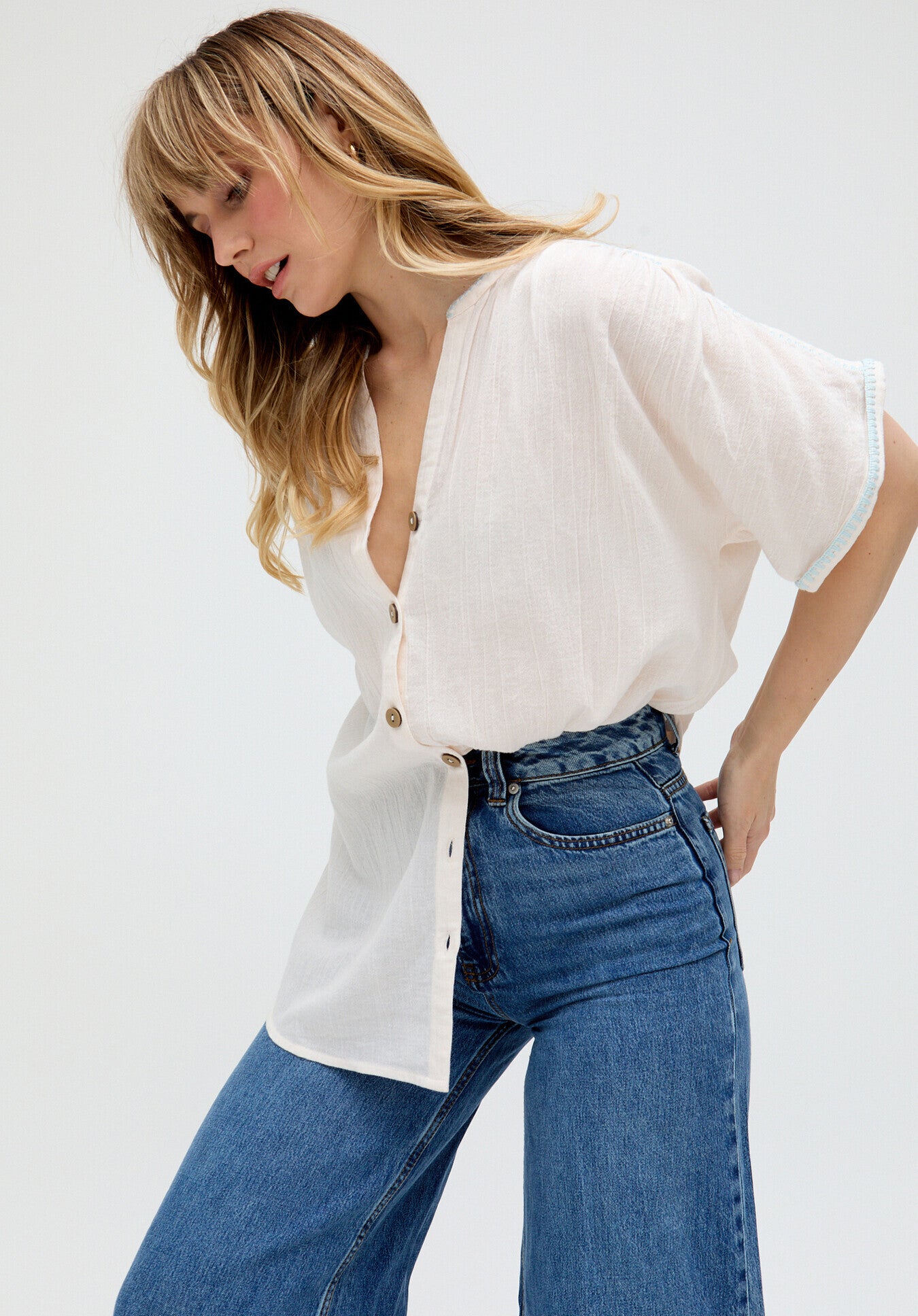 Juneeta Crop Sleeve Button Down Shirt In Cream