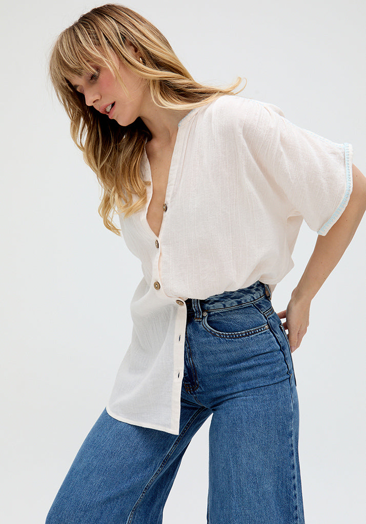 Juneeta Crop Sleeve Button Down Shirt In Cream