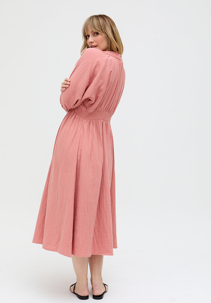 Soipoi Ruched V-Neck Midi Dress In Pink - image 5