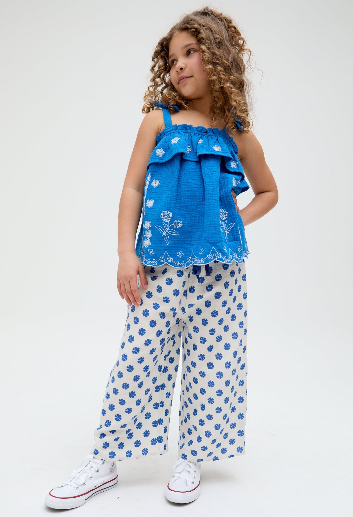 Kids Ellie Wide Leg Floral Print Trousers In White and blue - image 1