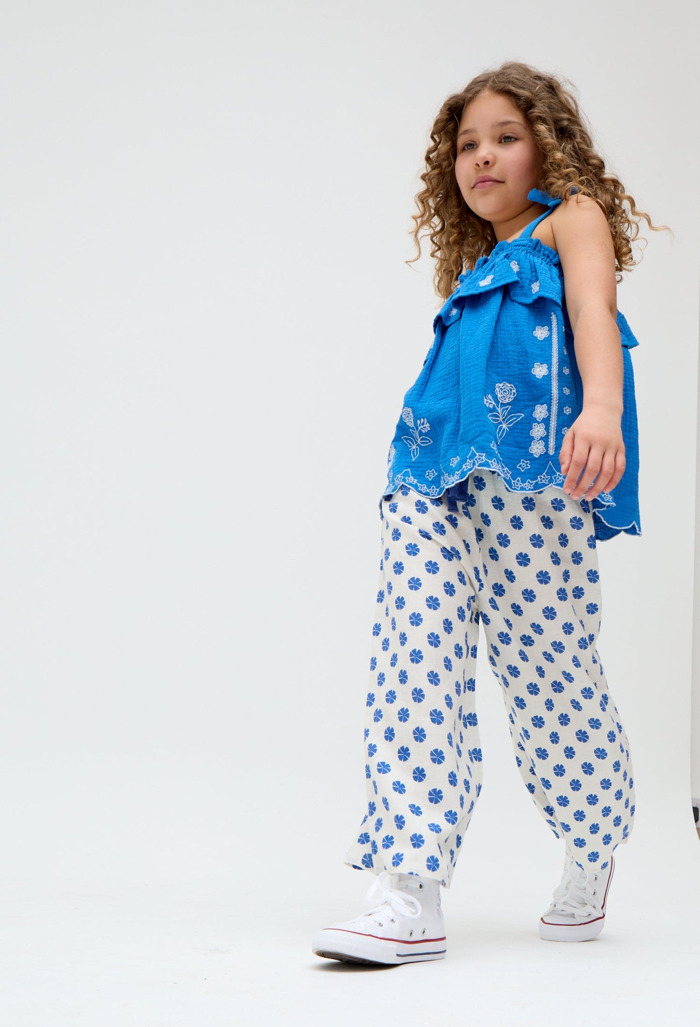 Kids Ellie Wide Leg Floral Print Trousers In White and blue - image 3