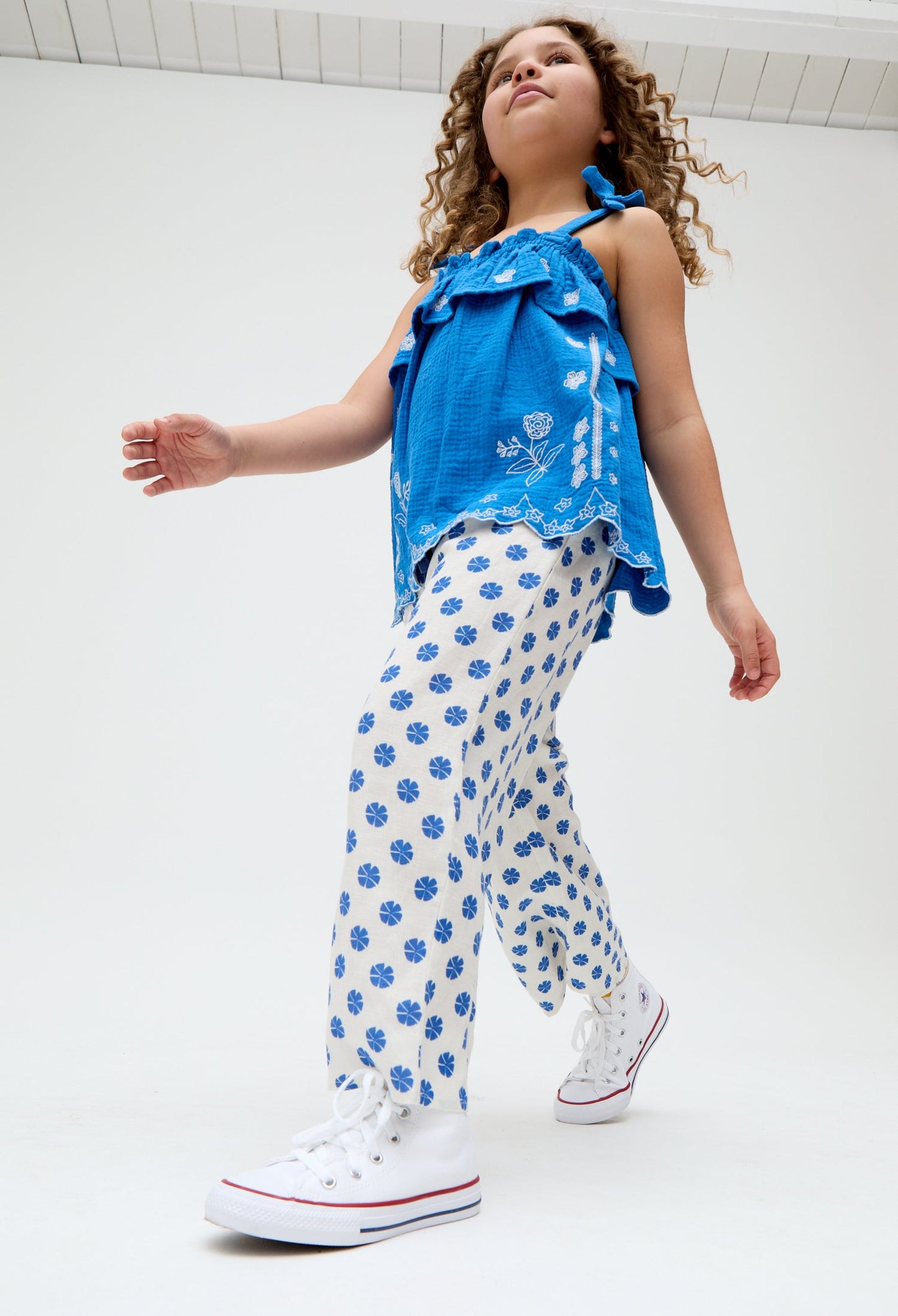 Kids Ellie Wide Leg Floral Print Trousers In White and blue - image 4