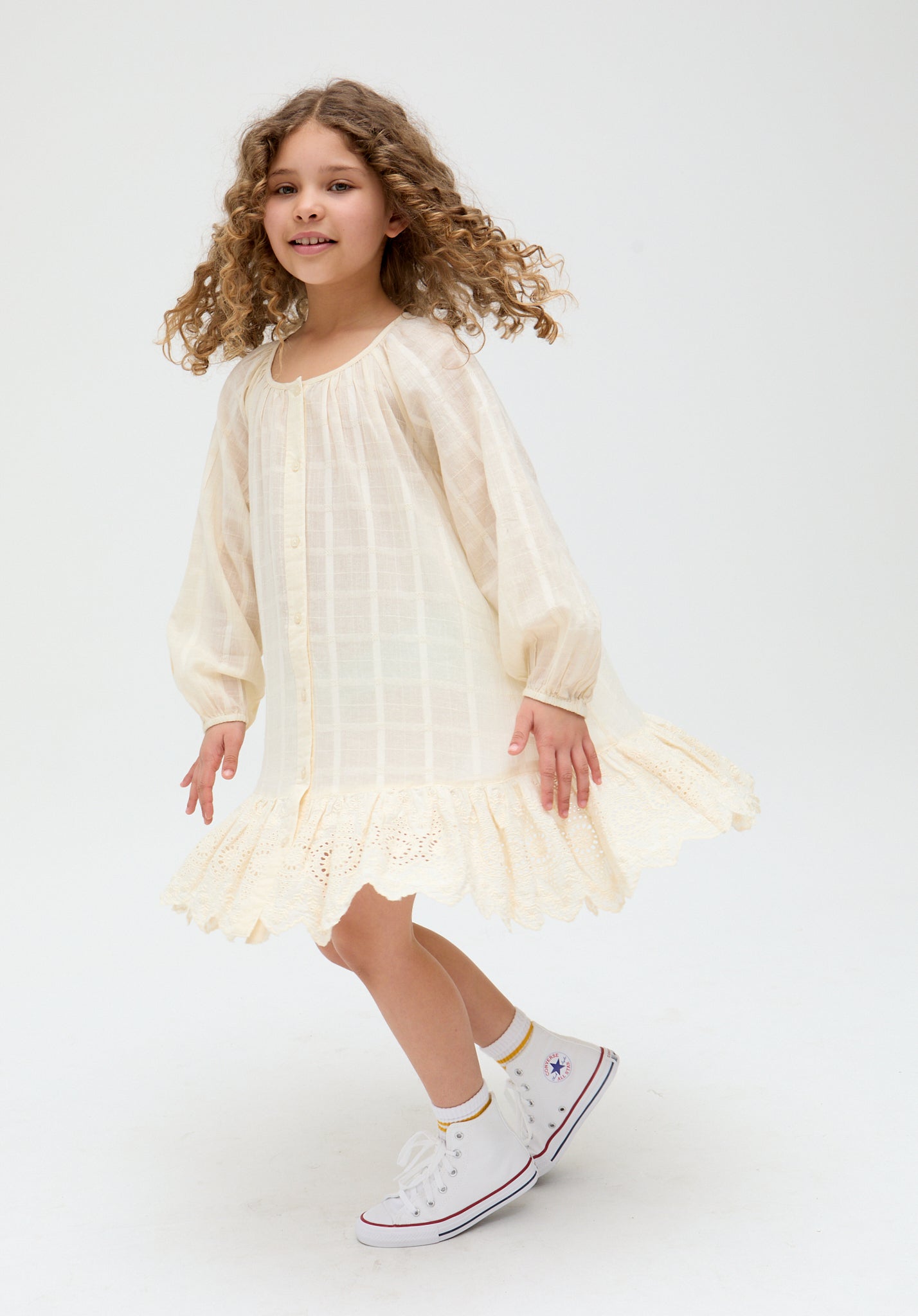 Kids Olivia Button Down Embroidered cotton Dress In Cream - image 2