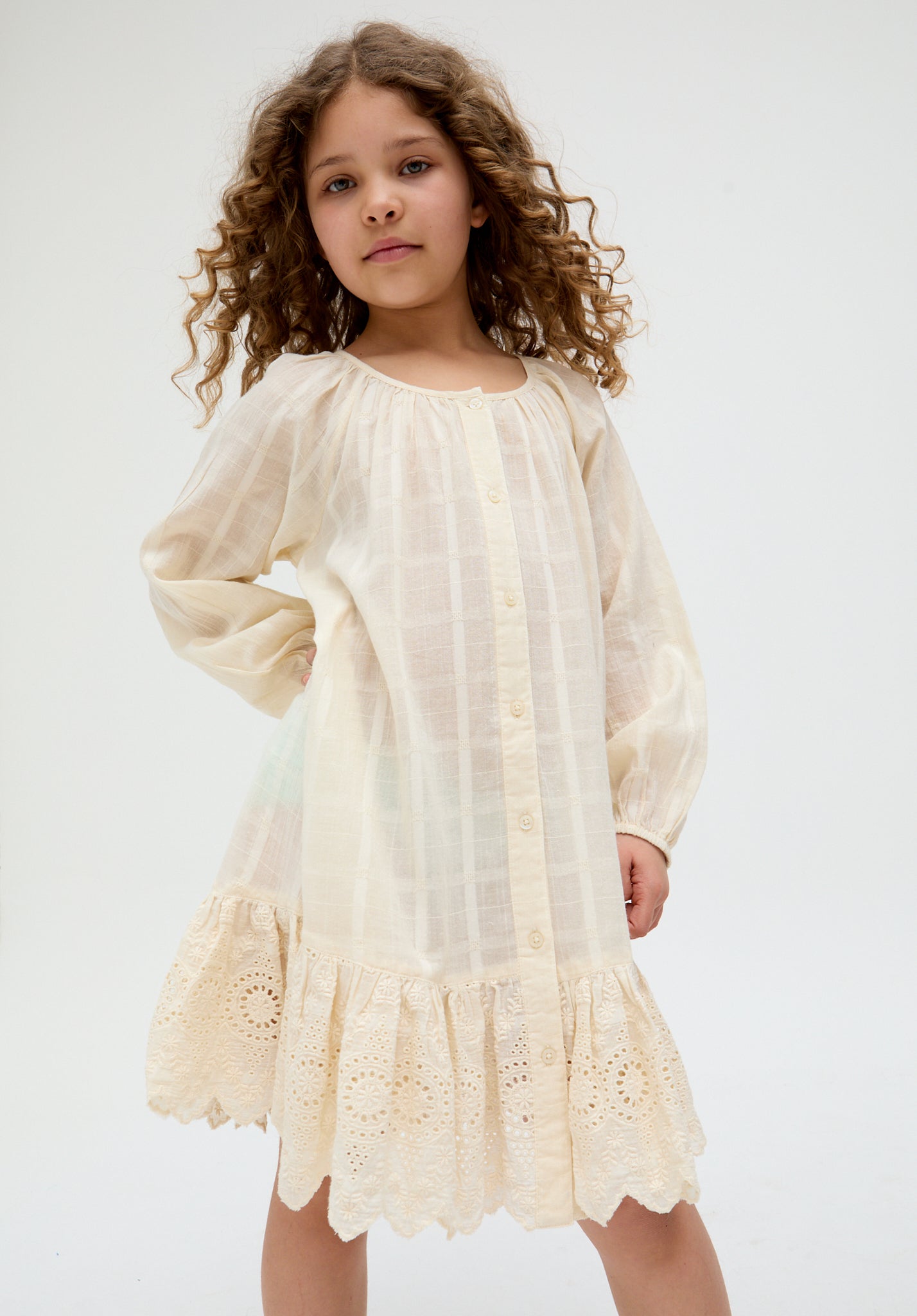 Kids Olivia Button Down Embroidered cotton Dress In Cream - image 4
