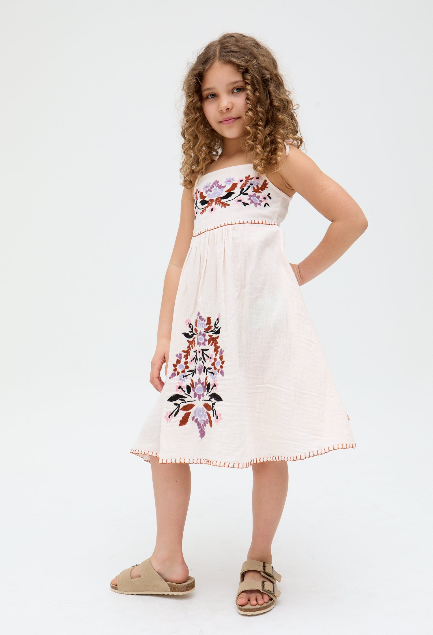 Kids Furla Smocked Panel Embroidered floral Dress In Cream - image 2