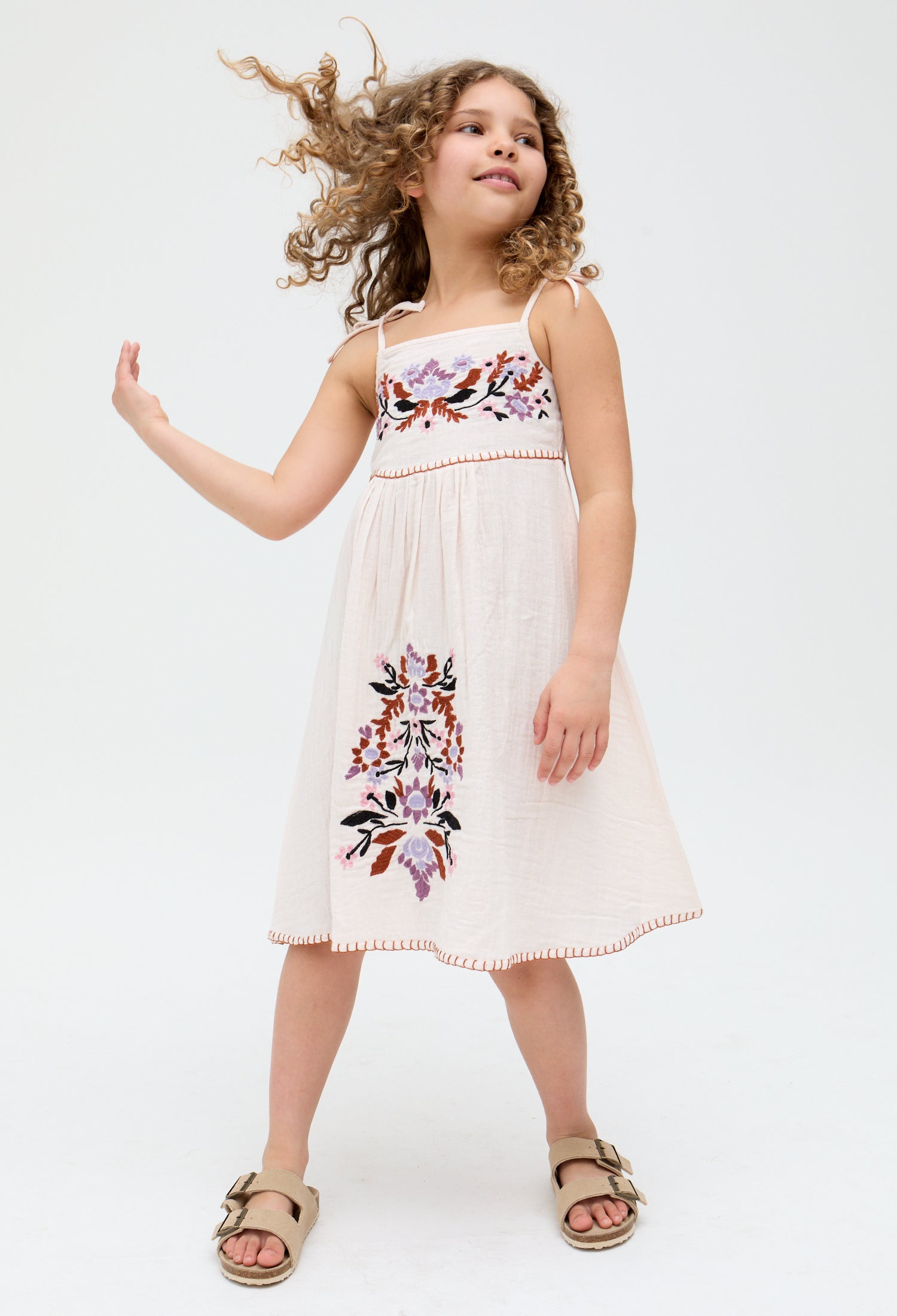 Kids Furla Smocked Panel Embroidered floral Dress In Cream - image 3