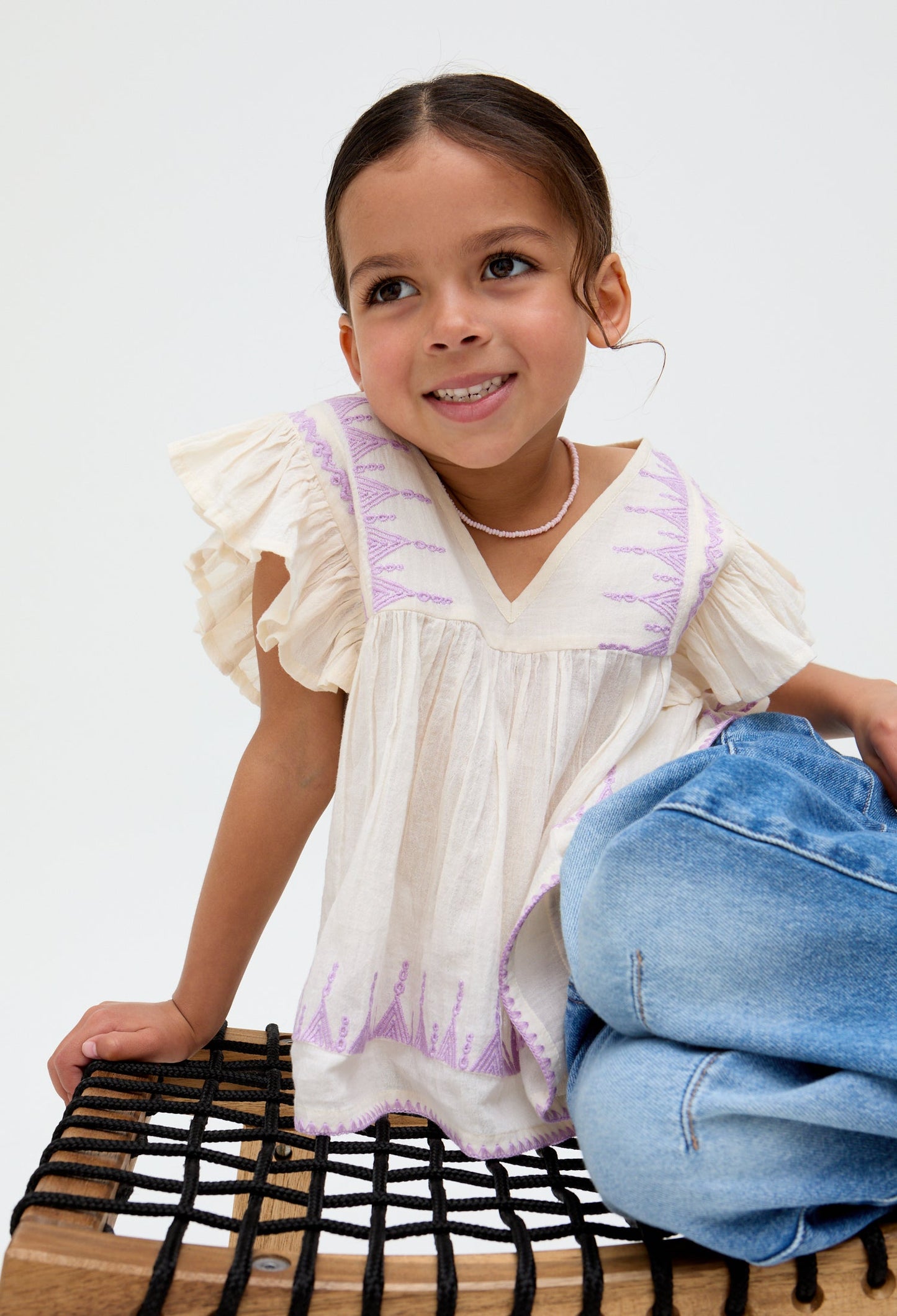 Kids Mariana Flutter Sleeve Embroidered Blouse In Cream - image 2