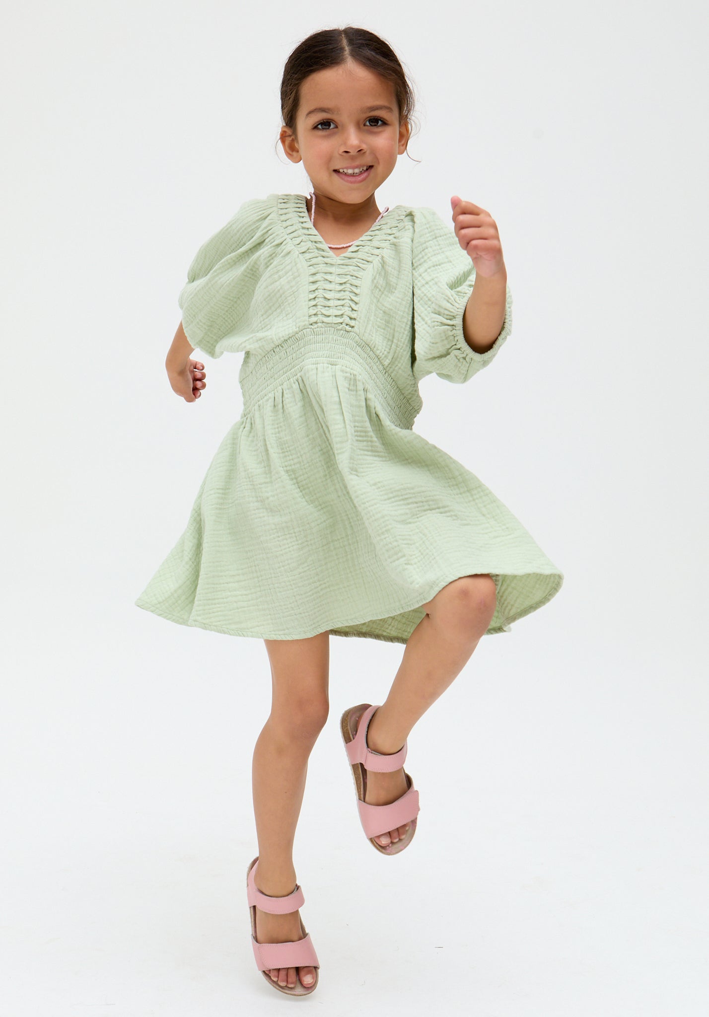 Kids Soipoi Ruched V-Neck cotton Dress In green- image 1
