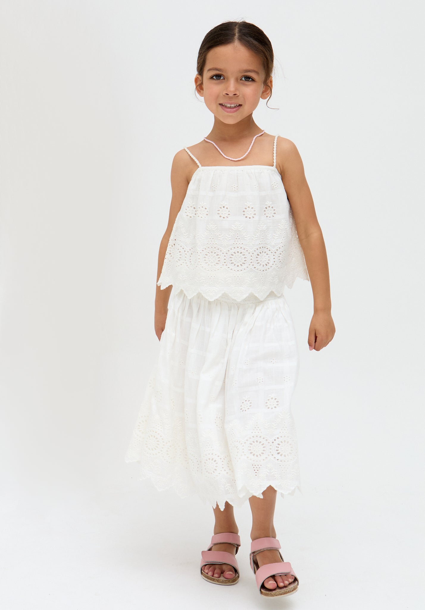 Kids Rufa Smocked Waist Windowpane cotton Check Skirt In White - image 4