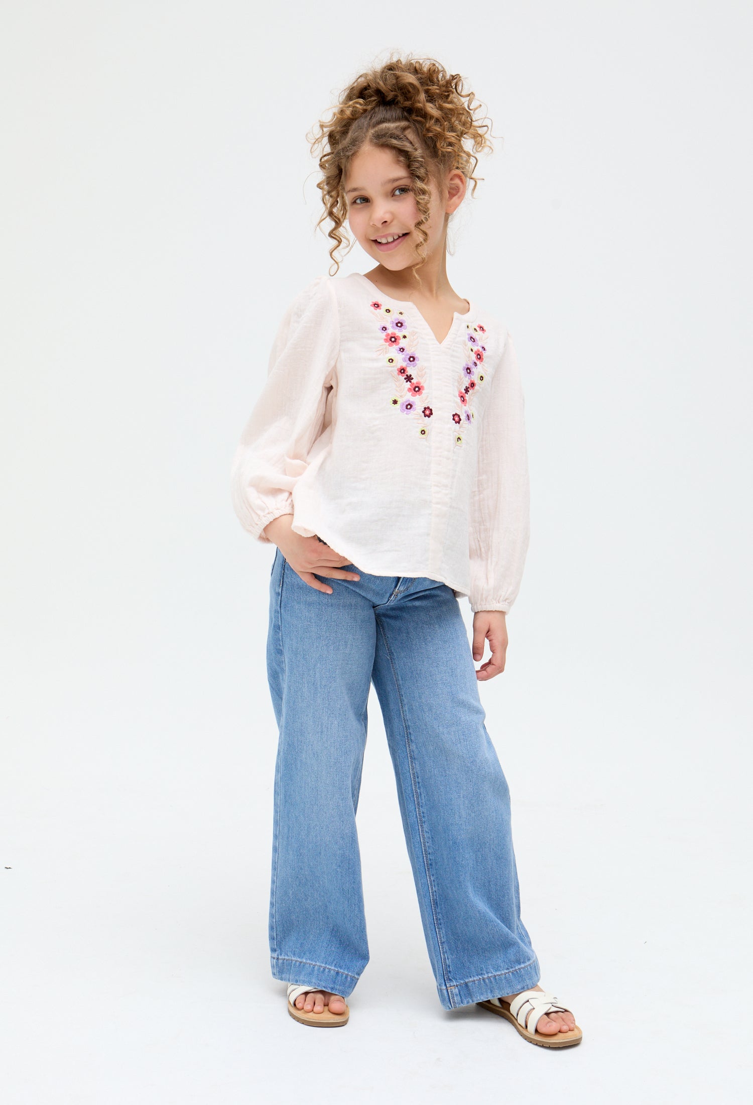 Kids Dina V-Neck Embroidered cotton Blouse In Cream - image 1