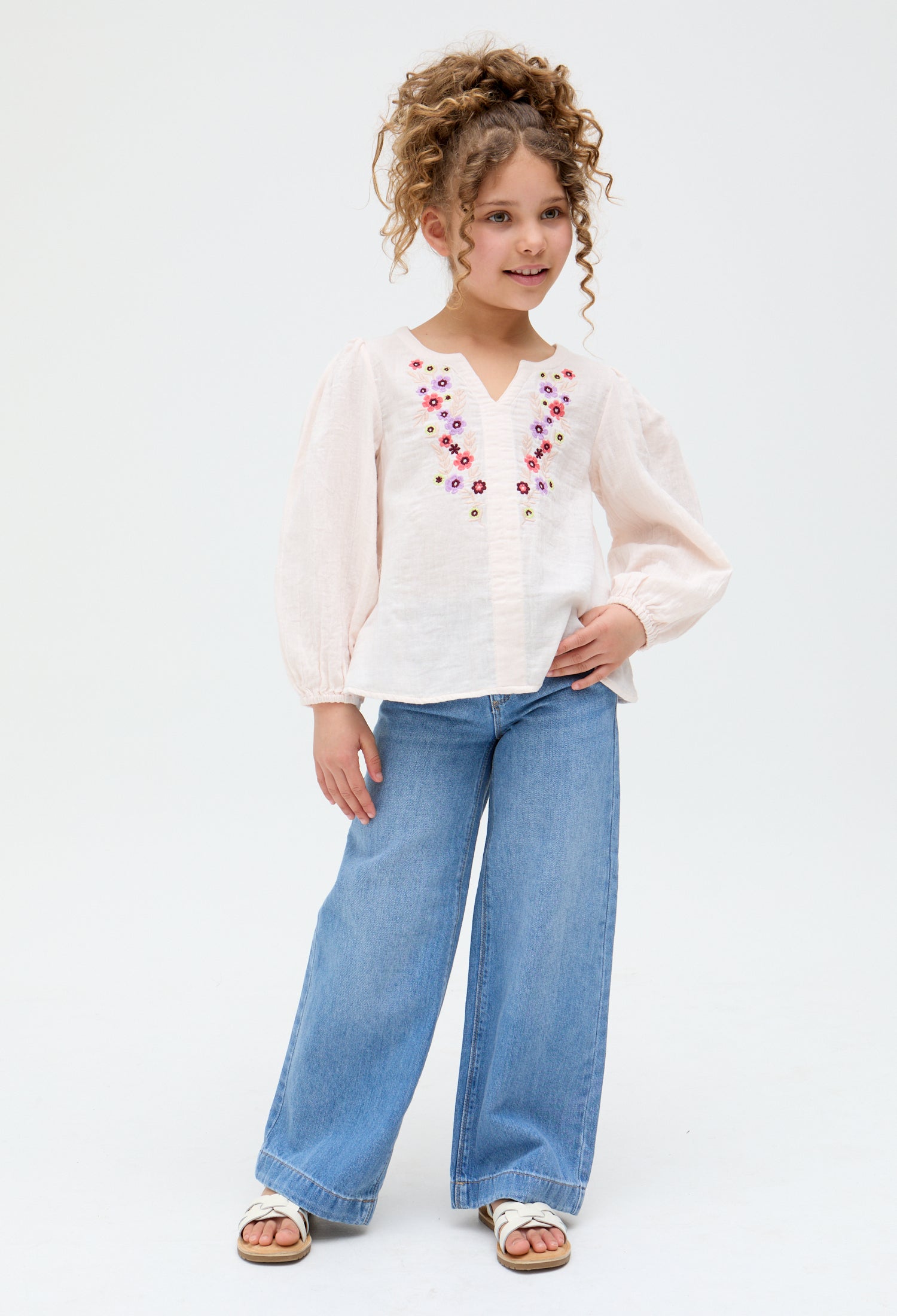 Kids Dina V-Neck Embroidered cotton Blouse In Cream - image 2