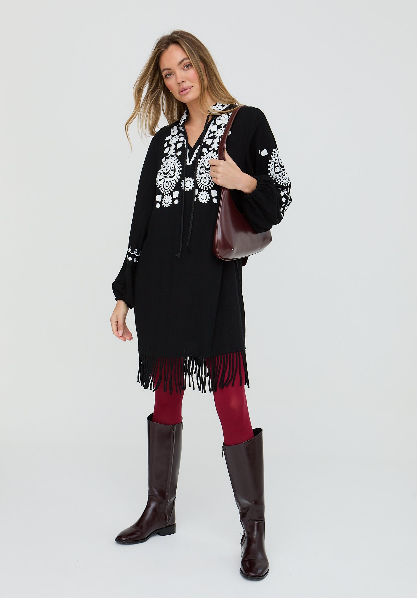 Katie Fringe Embroidered Mini Dress in Black