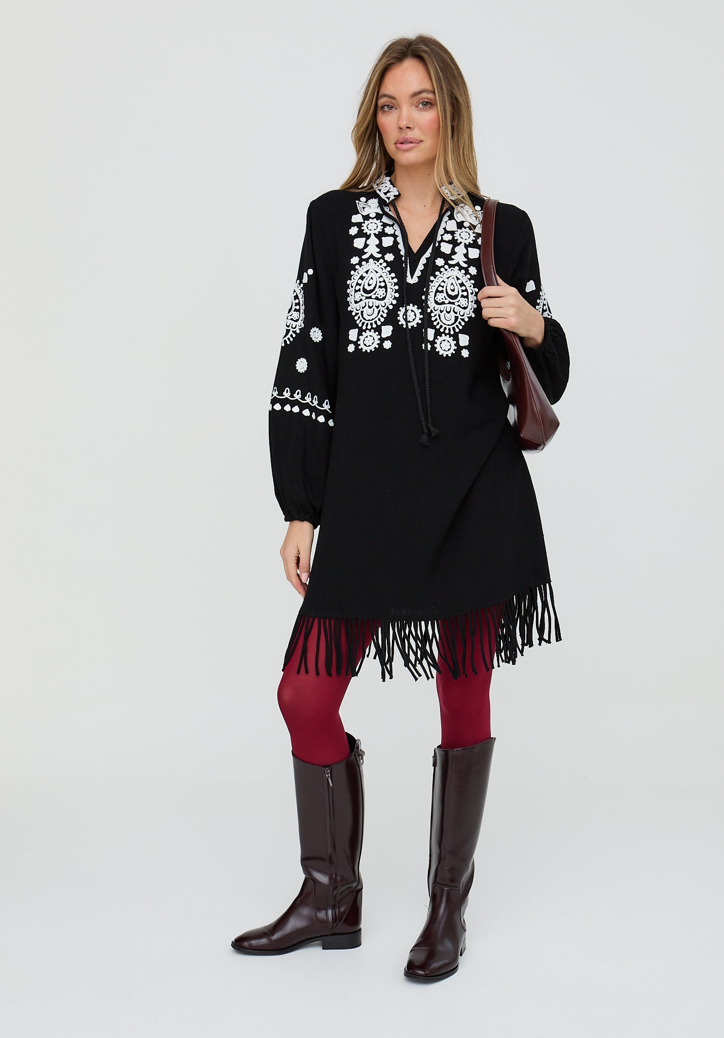 Katie Fringe Embroidered Mini Dress in Black