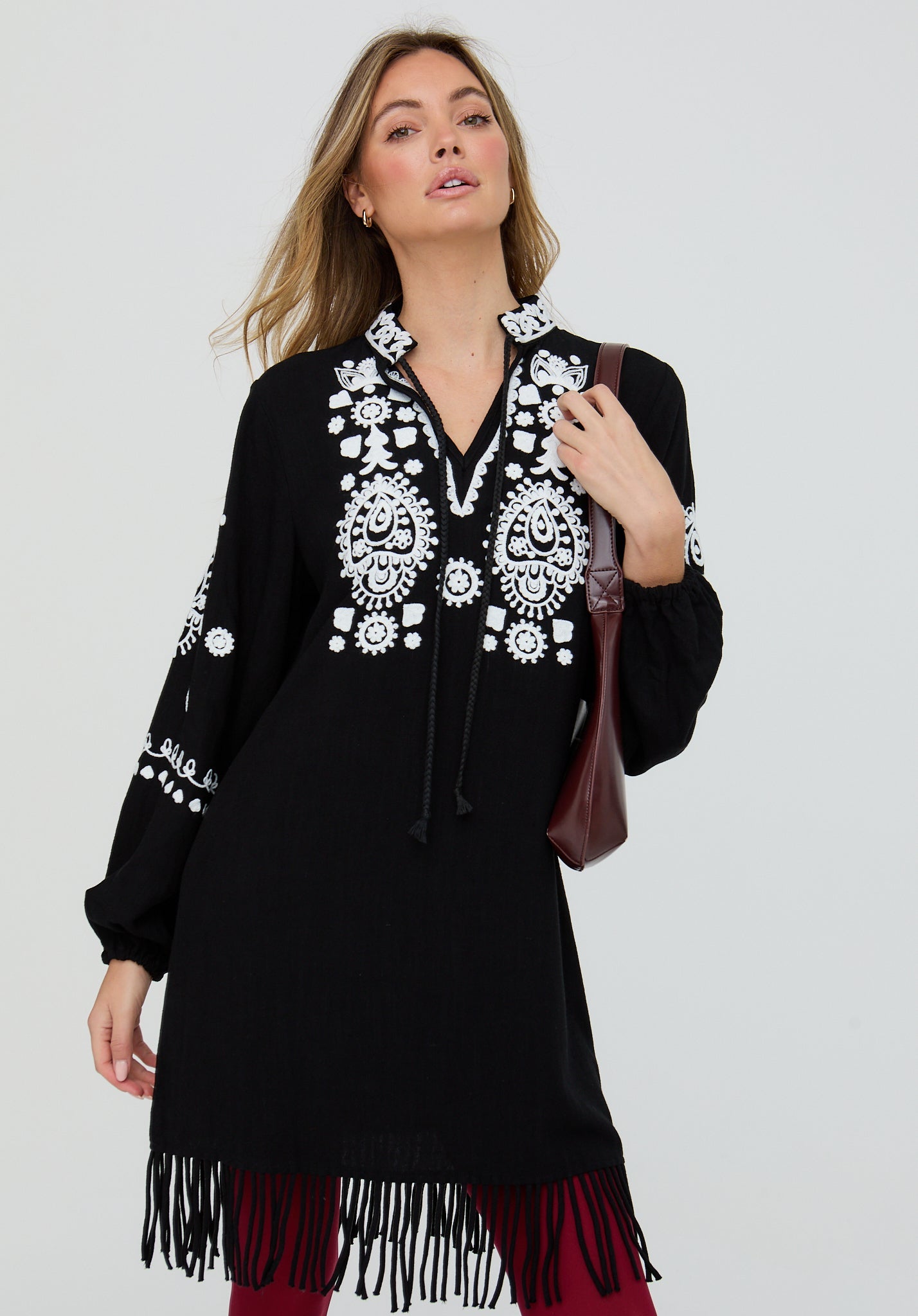 Katie Fringe Embroidered Mini Dress in Black