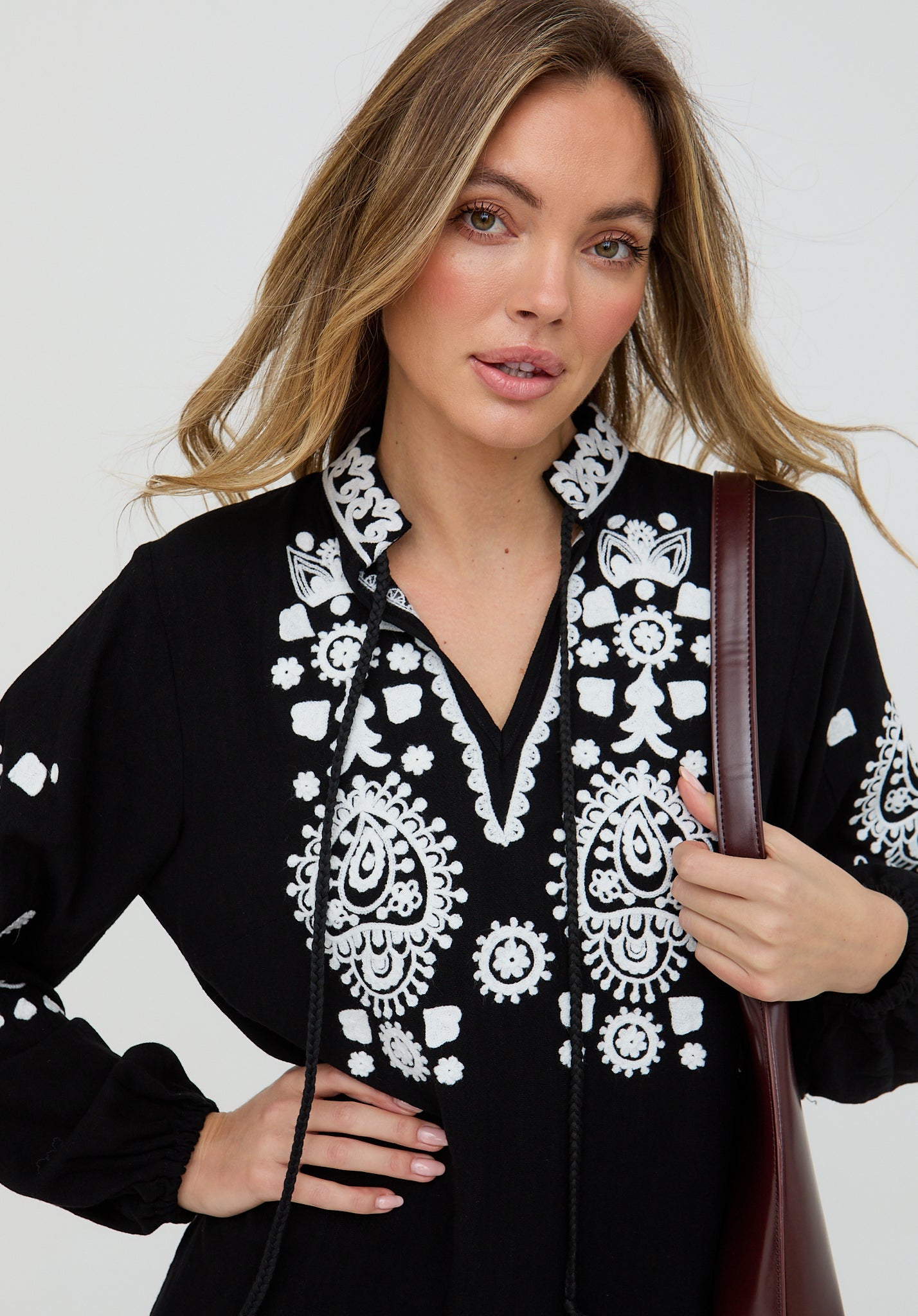 Katie Fringe Embroidered Mini Dress in Black