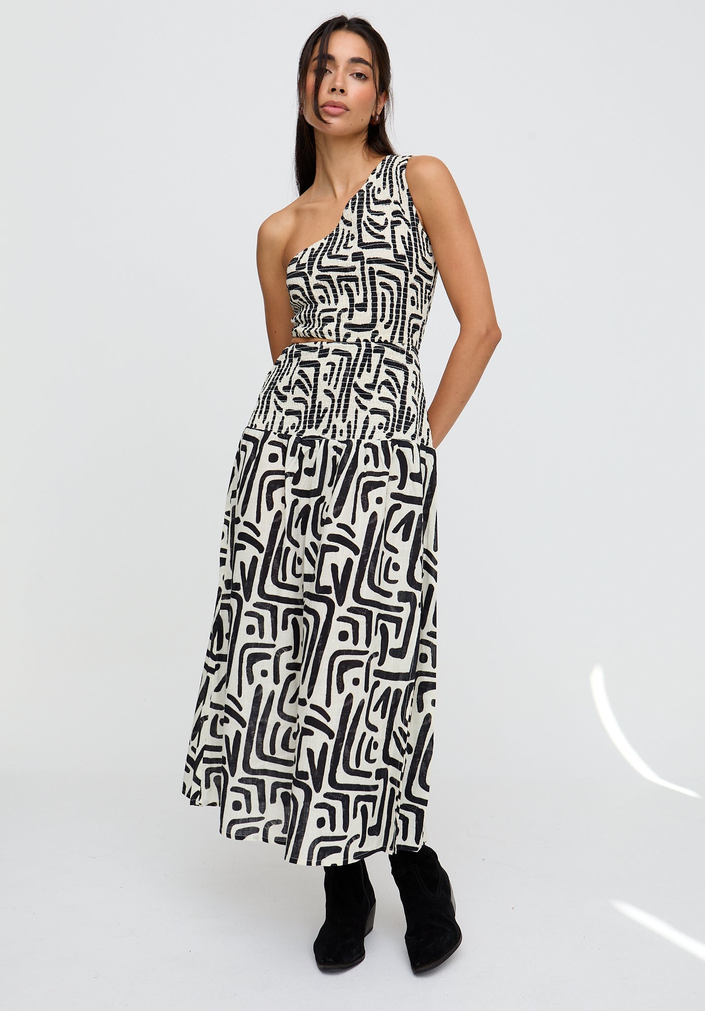 Jazz Jersey One Shoulder Warhol Print Midi Dress in Black