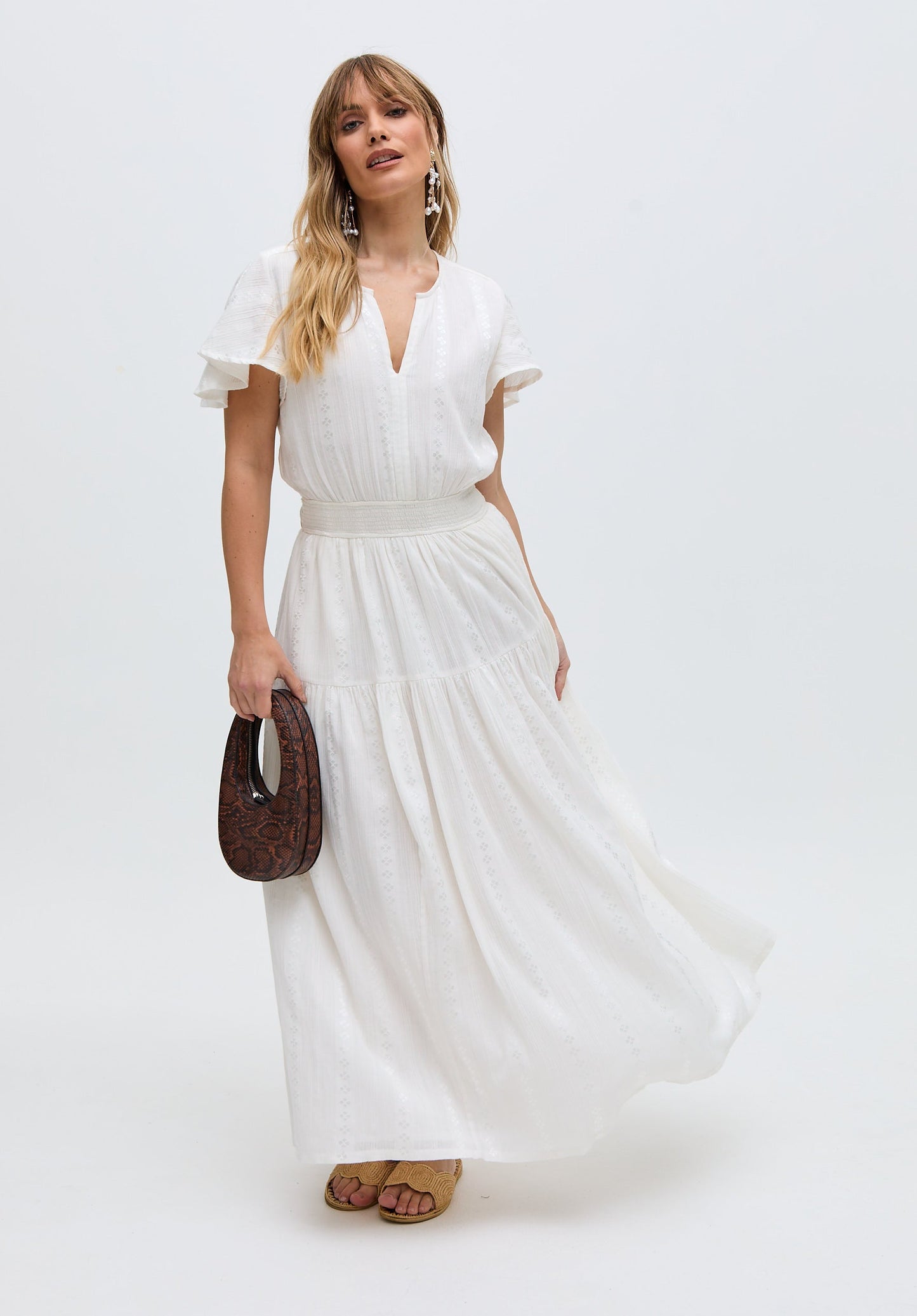 Candice Flutter Sleeve Jacquard Maxi Dress In White