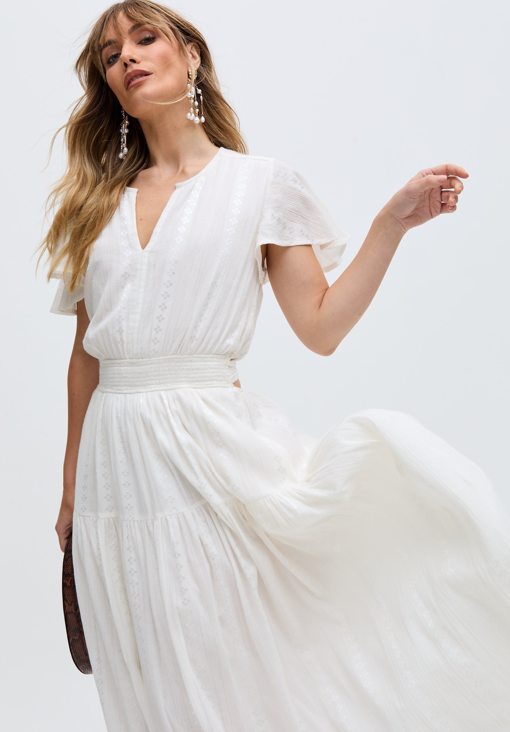 Candice Flutter Sleeve Jacquard Maxi Dress In White