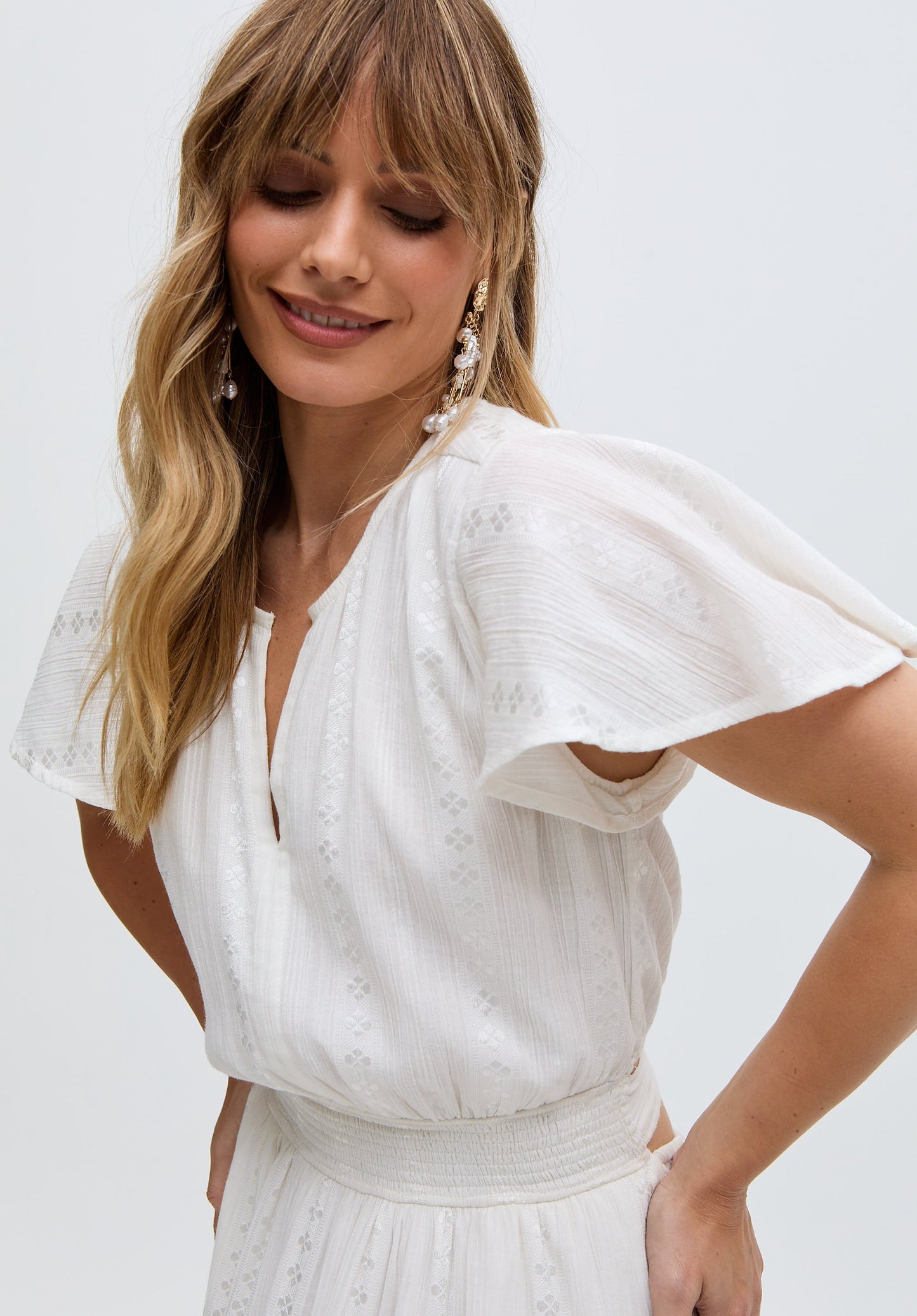 Candice Flutter Sleeve Jacquard Maxi Dress In White