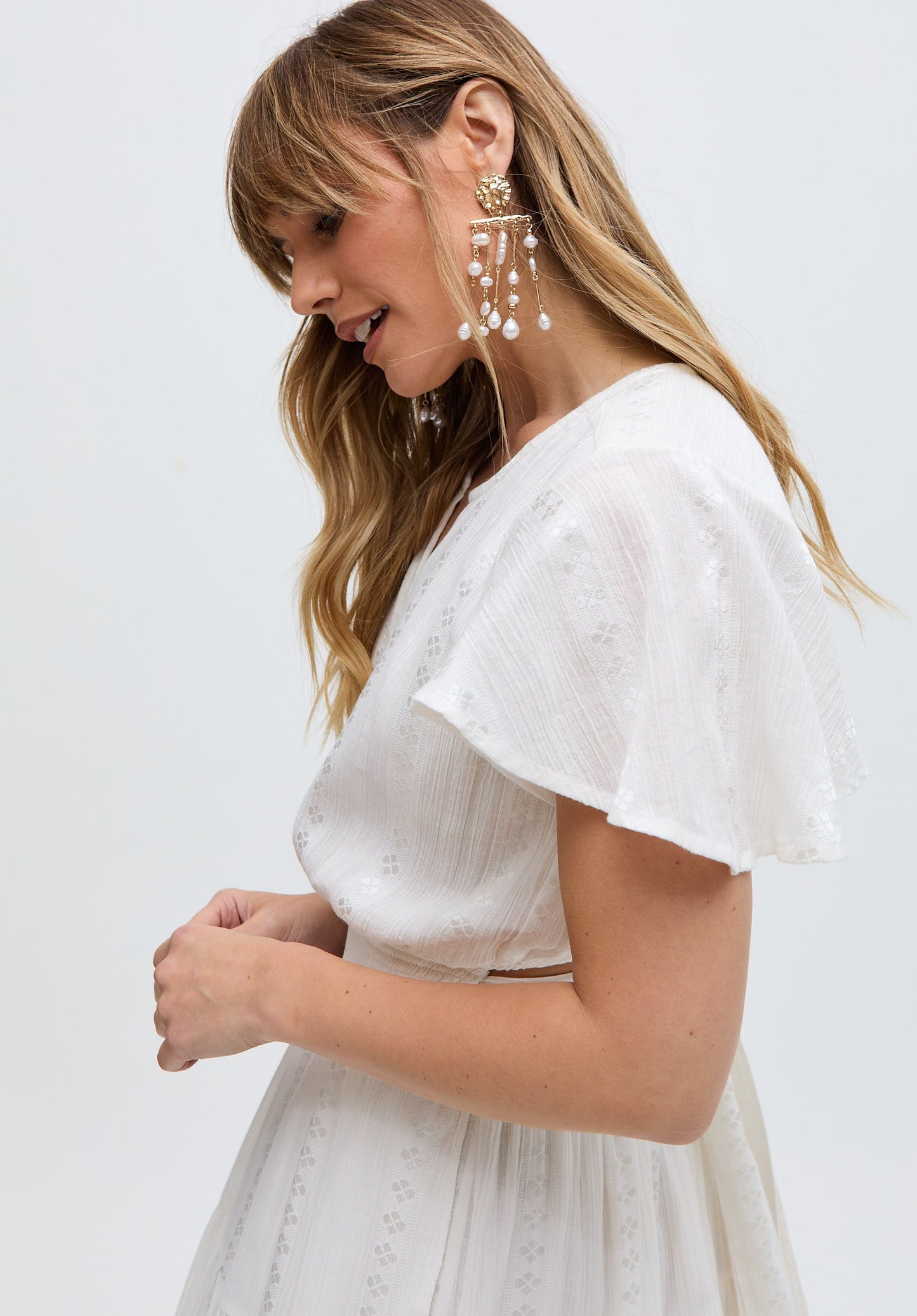 Candice Flutter Sleeve Jacquard Maxi Dress In White