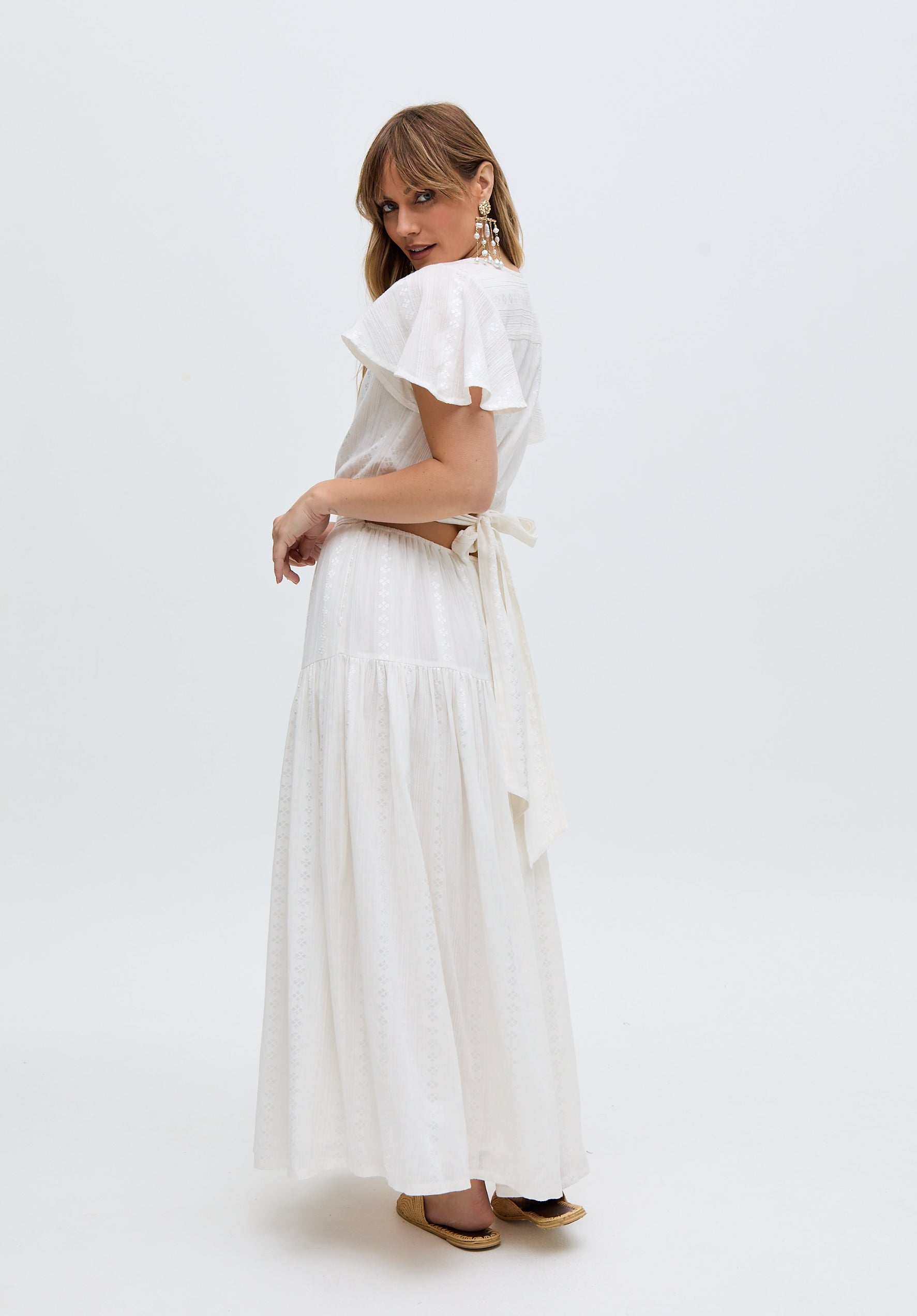 Candice Flutter Sleeve Jacquard Maxi Dress In White