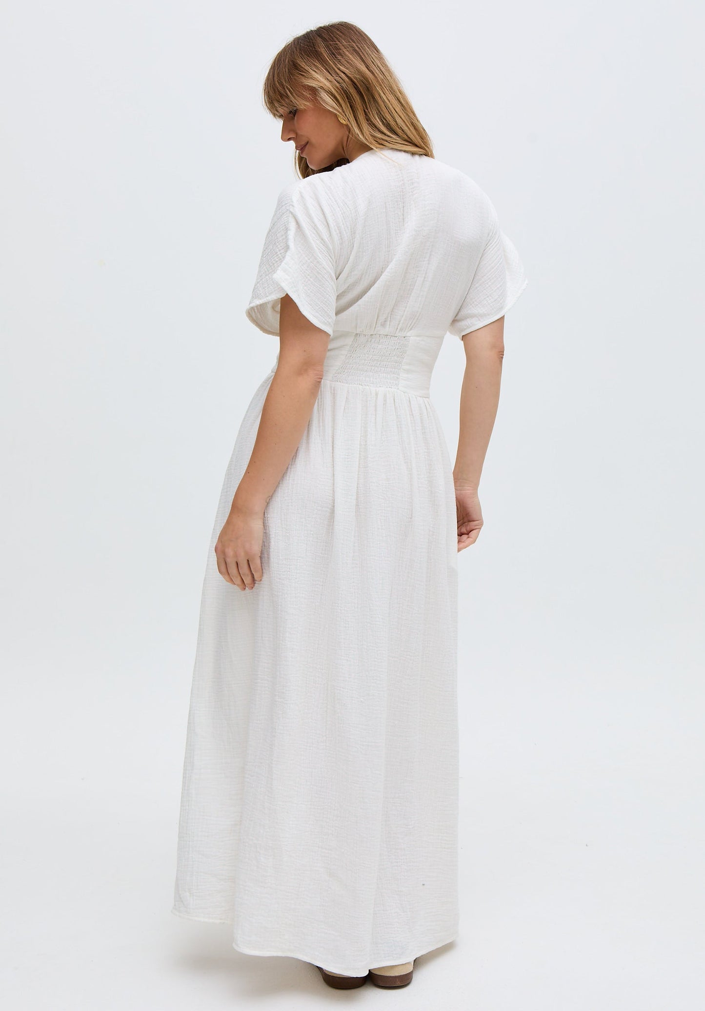Sally Ann Button Down Embroidery Maxi Dress In White