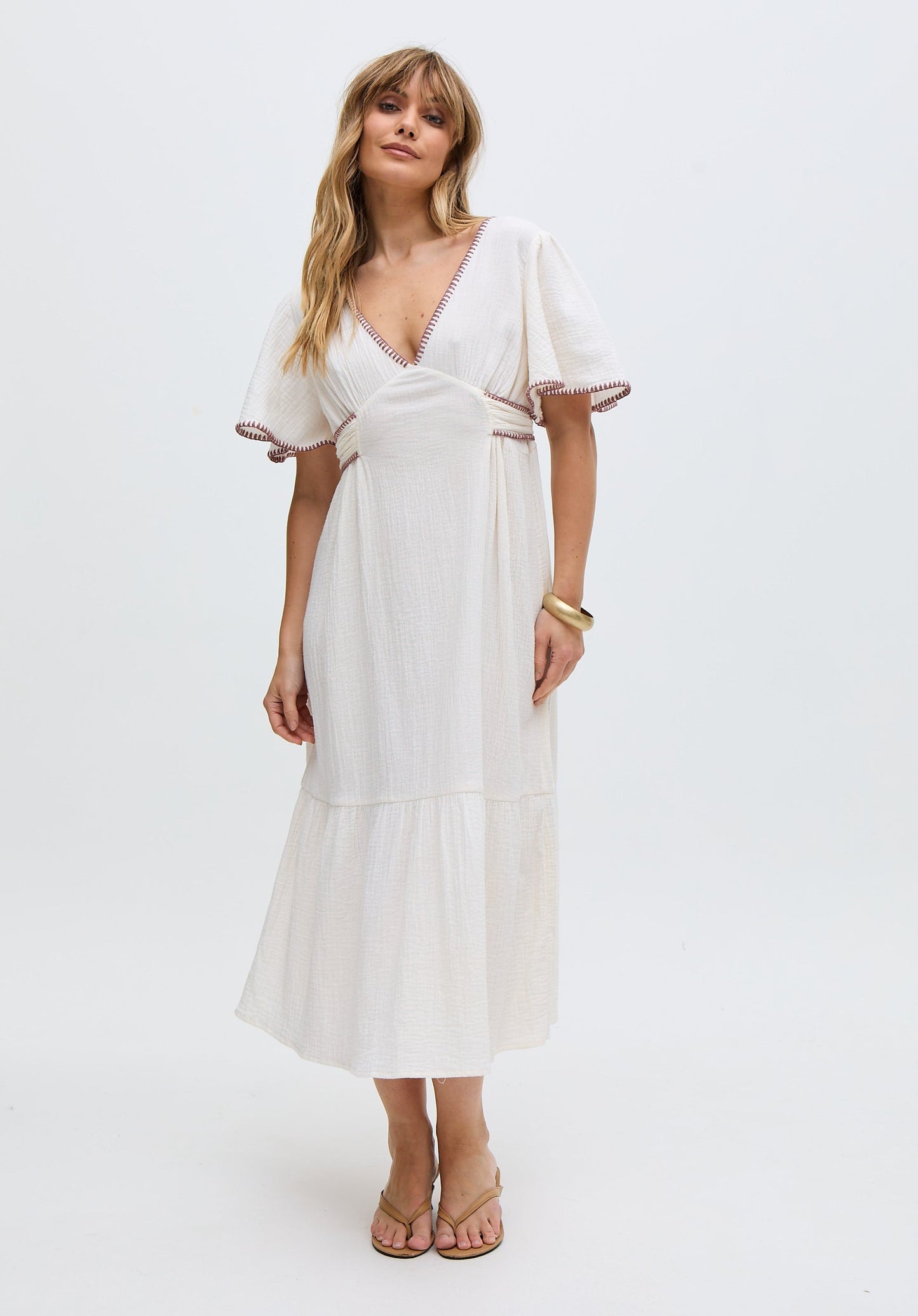 Delilah V-Neck Front Tie Midi Dress In White