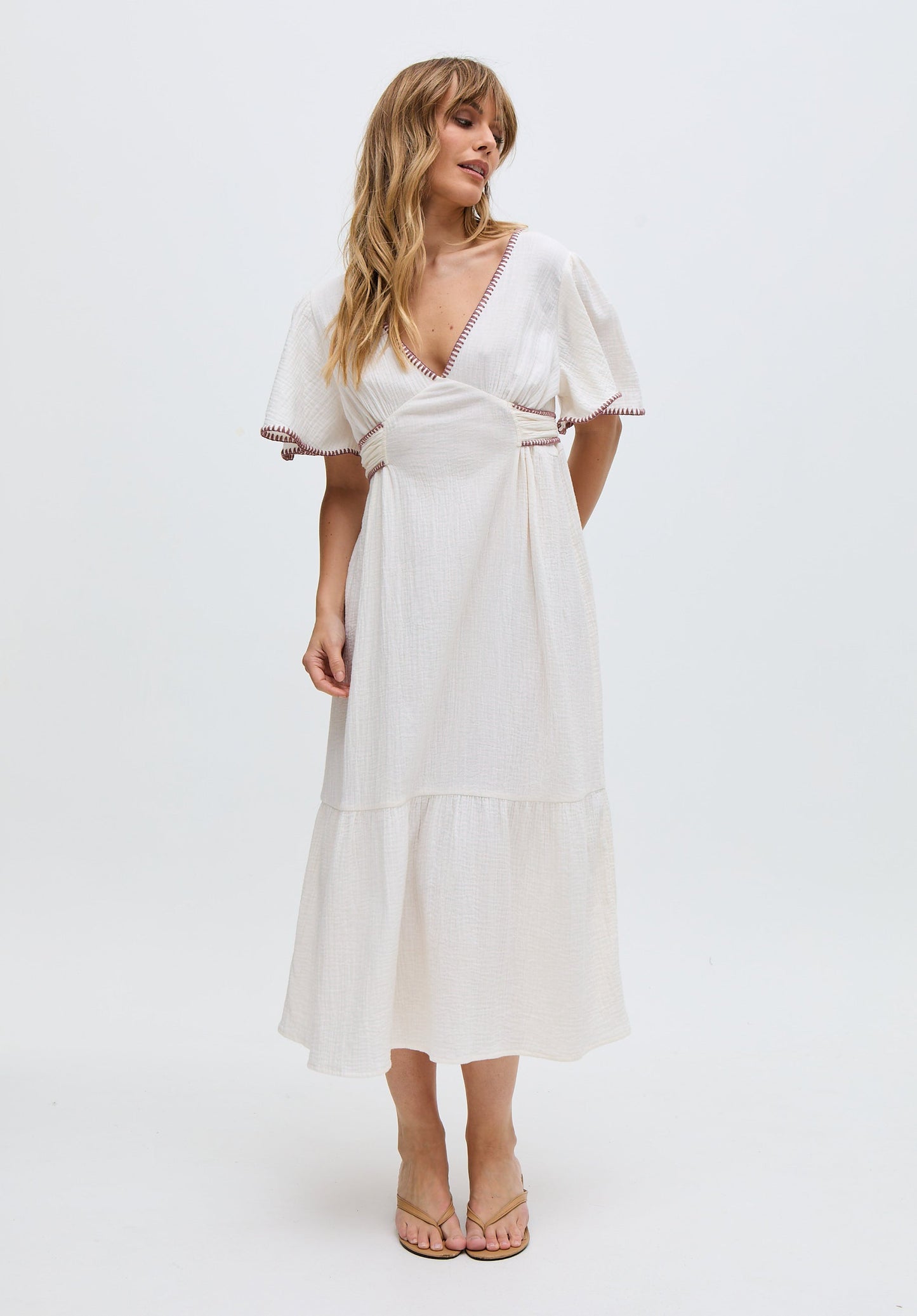 Delilah V-Neck Front Tie Midi Dress In White