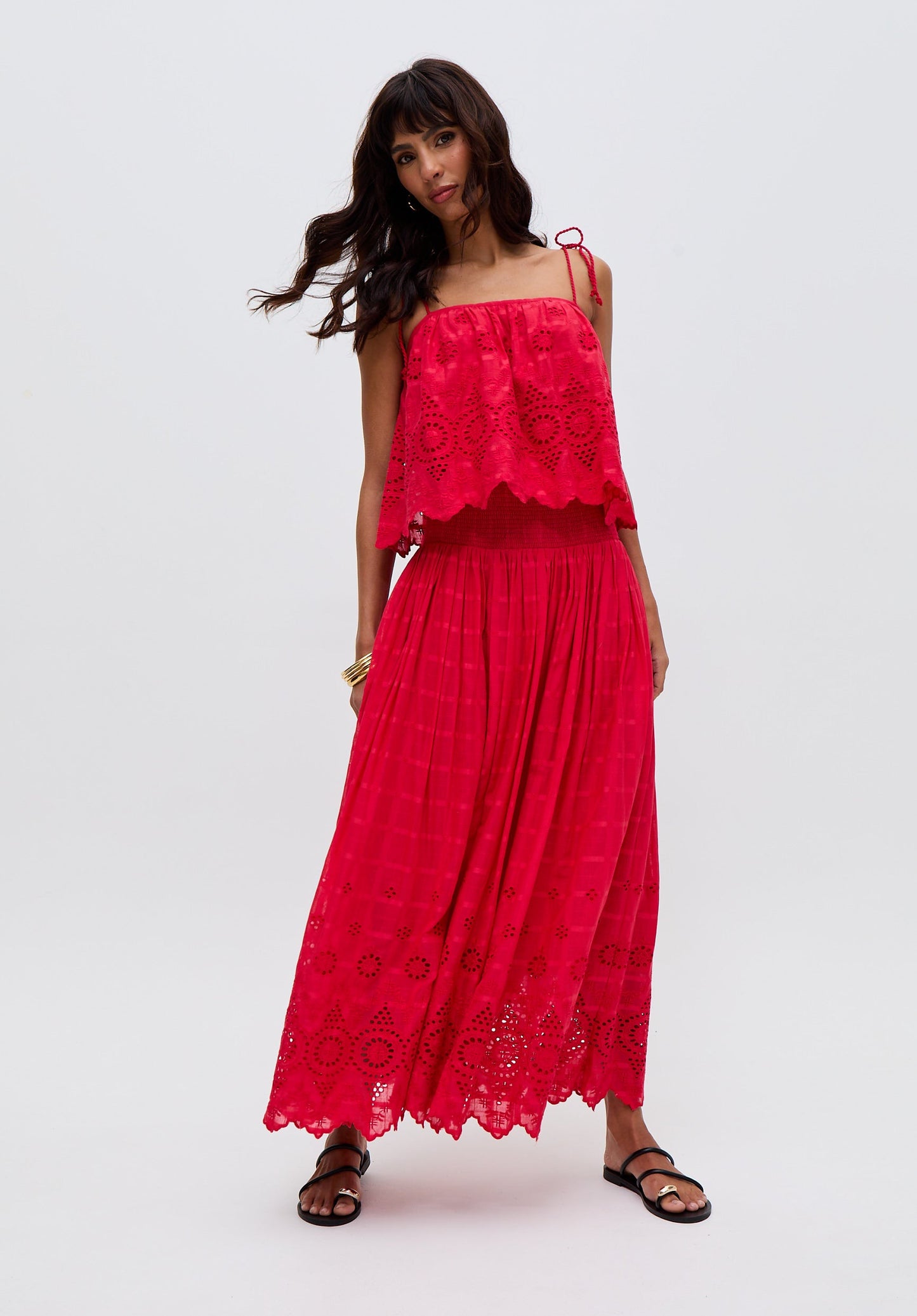 Rufa Smocked Waist Embroidered Midi Cami In Red - image 4